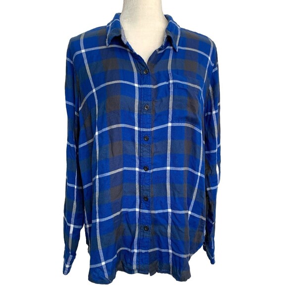 Lucky Brand Plaid Flannel Shirt Women's Large Split Back Button Top Blue White - Picture 1 of 5